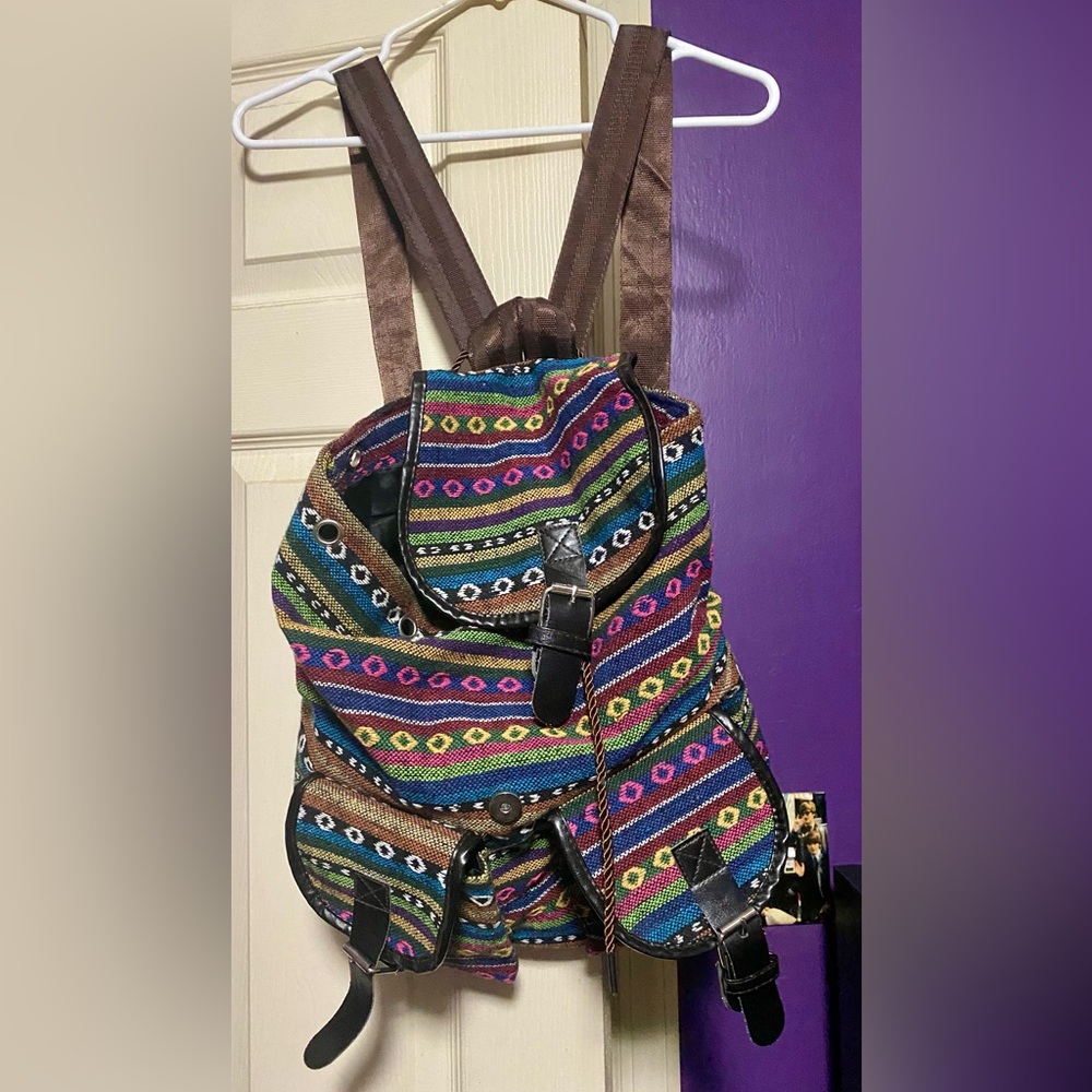Multi Striped Aztec Print Buckle Backpack
